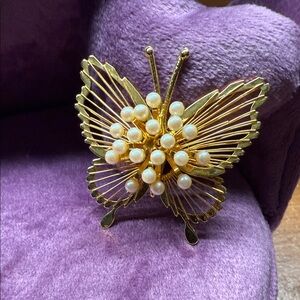 Elegant Gold Butterfly Brooch with Pearls